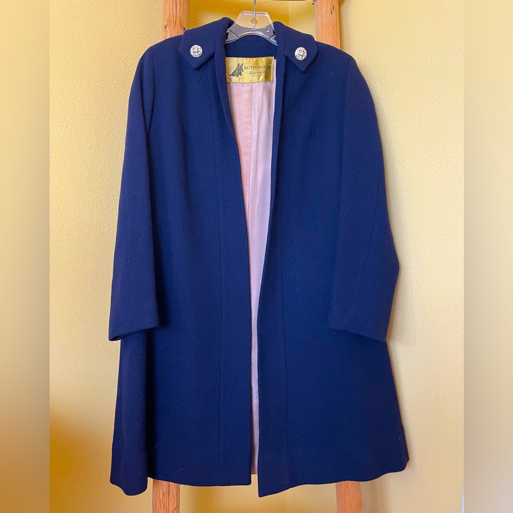 Vintage Rothmoor Coat Navy Blue Wool 40s Union Made A Line Pockets Jewel Accents